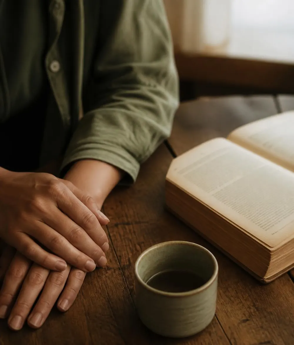 Gefaltete Hände neben einer aufgeschlagenen Bibel und einer Tasse Tee
